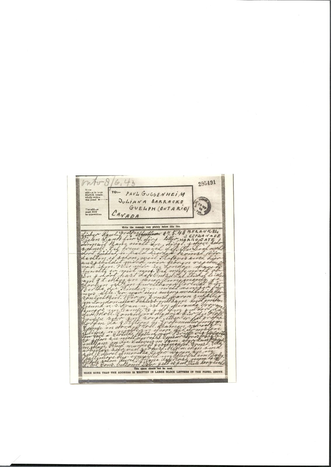 An airgraph from Harrogate — M. Fränkel to Guelph, 27 May 1943
