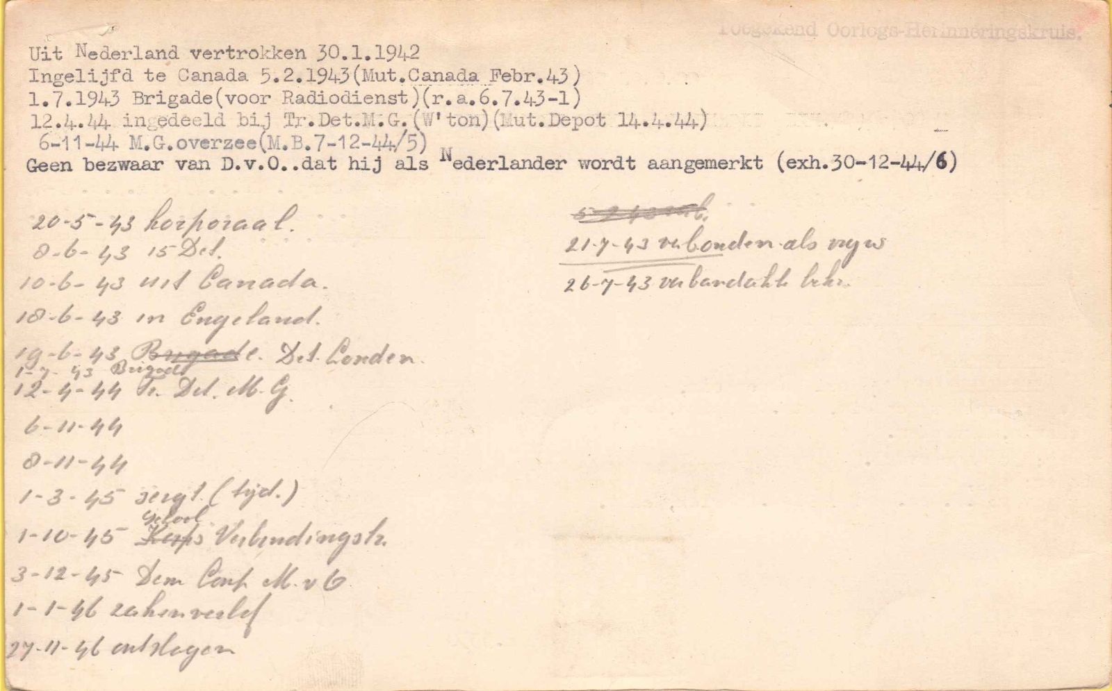 Service card, verso — Postings 1942 – 1946
