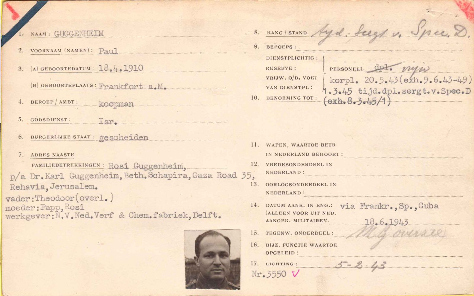 Military service card — Royal Netherlands Army, No. 3550