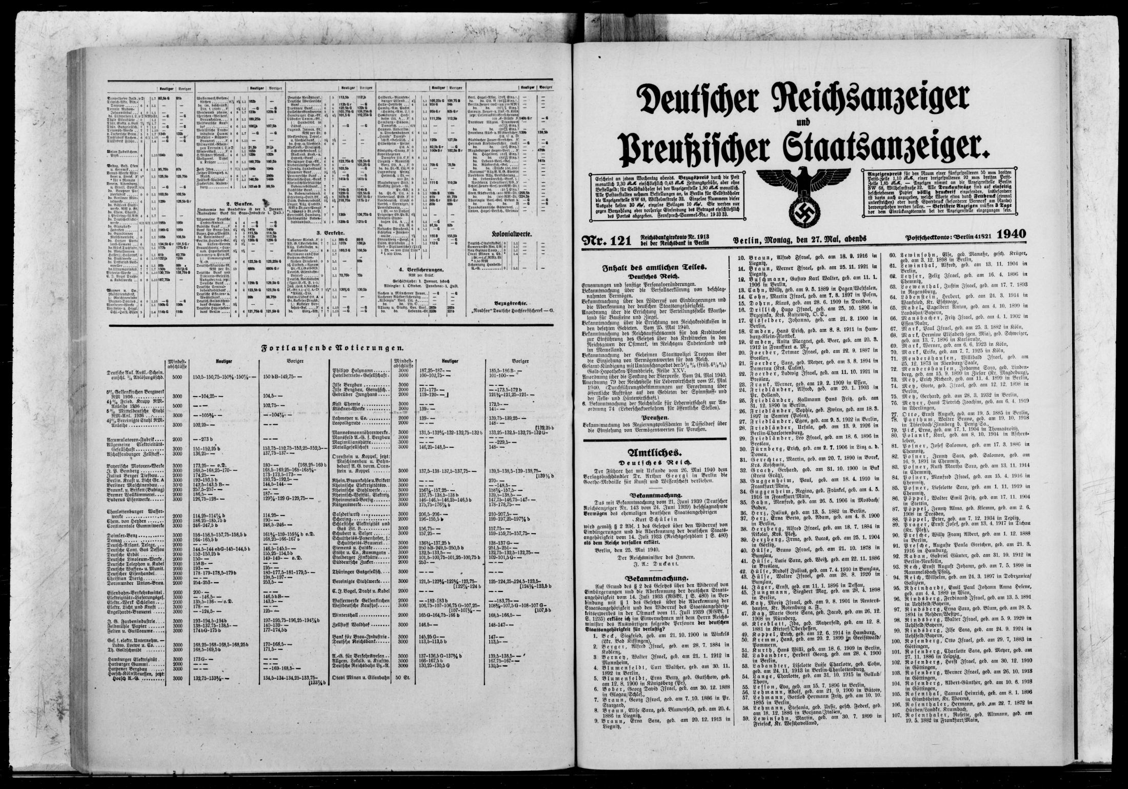 Reichsanzeiger Nr. 121 — Berlin, 27 May 1940